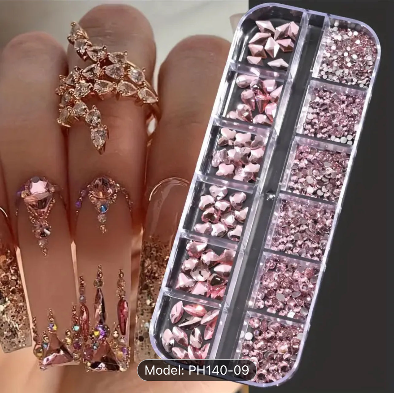 1000+ Pieces 12-Grid Nail Art Rhinestone Set - Vibrant 3D glass pink color