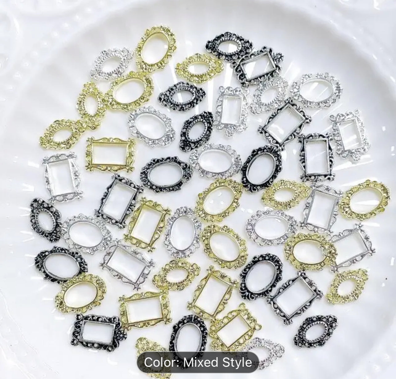 20pcs Vintage Alloy 3D Nail Charms, Oval & Square Distressed Design Photo Frame Nail Art Accessories
