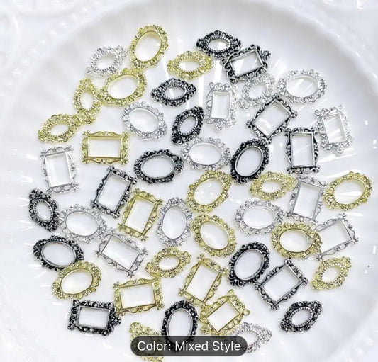 20pcs Vintage Alloy 3D Nail Charms, Oval & Square Distressed Design Photo Frame Nail Art Accessories