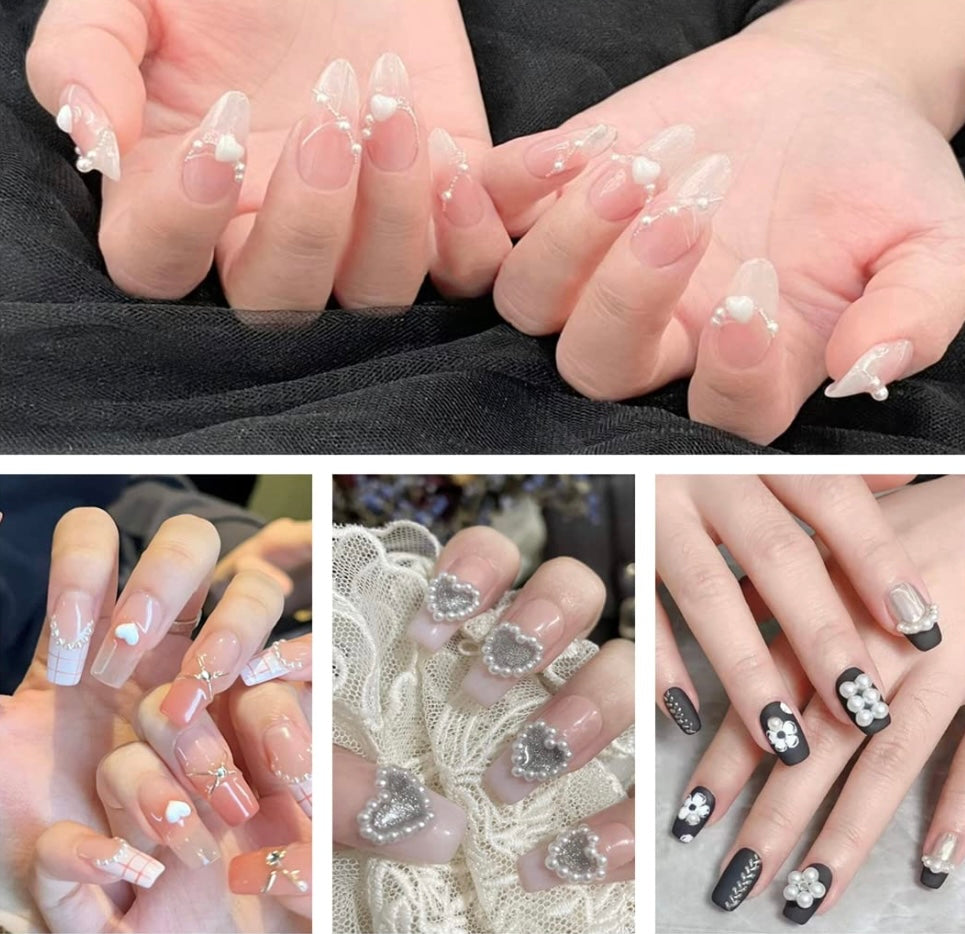 500Pcs White Half Pearls Heart Nail Beads Mixed Styles 3D Flatback Hollow Pearls Heart Star Moon Multi Shapes Rectangle Nail Charms (Muiti Shapes)