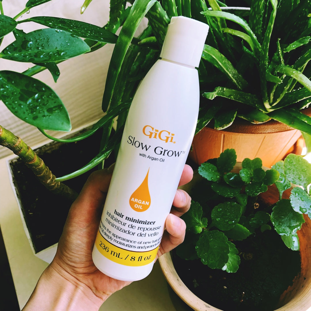 GiGi Slow Grow with Argan Oil is a fast absorbing, nourishing lotion that contains Papain & Natural enzymes to slow down the appearance of the formation of new hair.