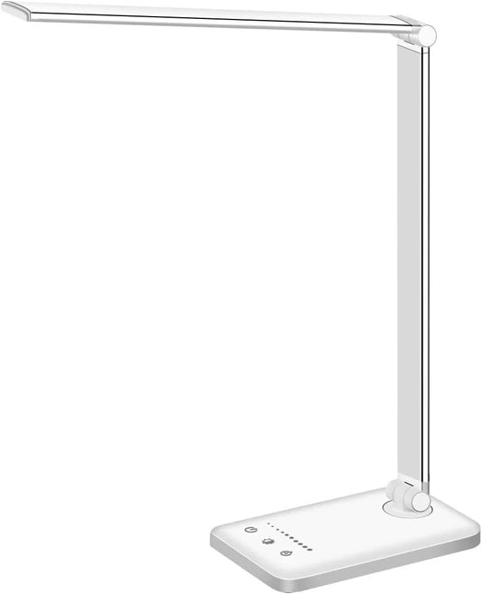 White crown LED Desk Lamp Dimmable Table Lamp Reading Lamp with USB Charging Port, 5 Lighting Modes, Sensitive Control, 30/60 Minutes Auto-Off Timer