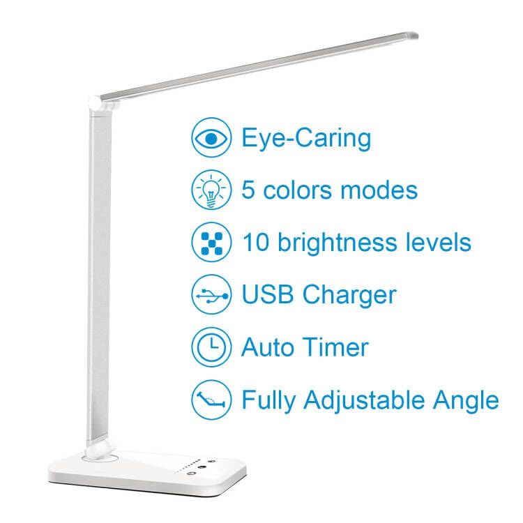 White crown LED Desk Lamp Dimmable Table Lamp Reading Lamp with USB Charging Port, 5 Lighting Modes, Sensitive Control, 30/60 Minutes Auto-Off Timer