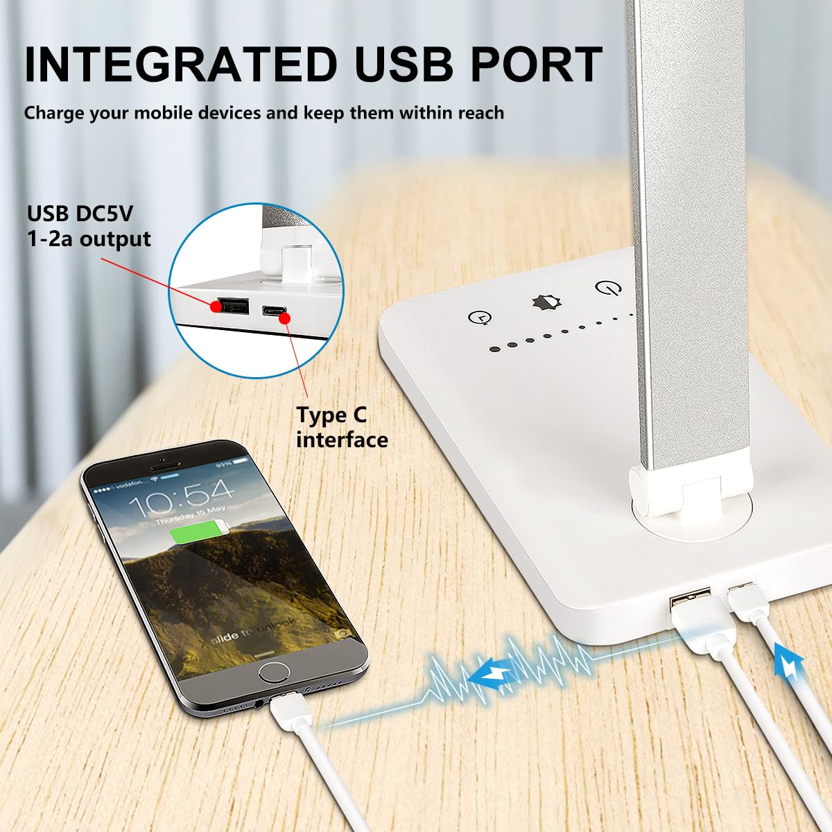 White crown LED Desk Lamp Dimmable Table Lamp Reading Lamp with USB Charging Port, 5 Lighting Modes, Sensitive Control, 30/60 Minutes Auto-Off Timer