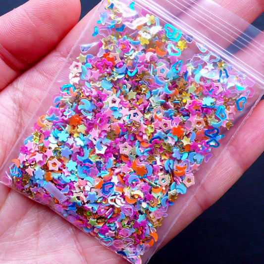 Rainbow Confetti Assortment | Holographic Sprinkles in Heart Star Flower Moon Teardrop Hexagon Shapes | Iridescent Glitters | Nail Art Supplies | Resin Crafts (Colorful Mix)