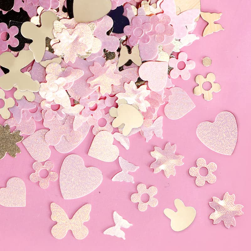 Pink Gold Nail Art Sequins Spring Summer Fashion Glitter Pieces for Nails, Makeup - 6 Grid Box (Pink Hearts/Rabbit/Flowers/Butterfly)