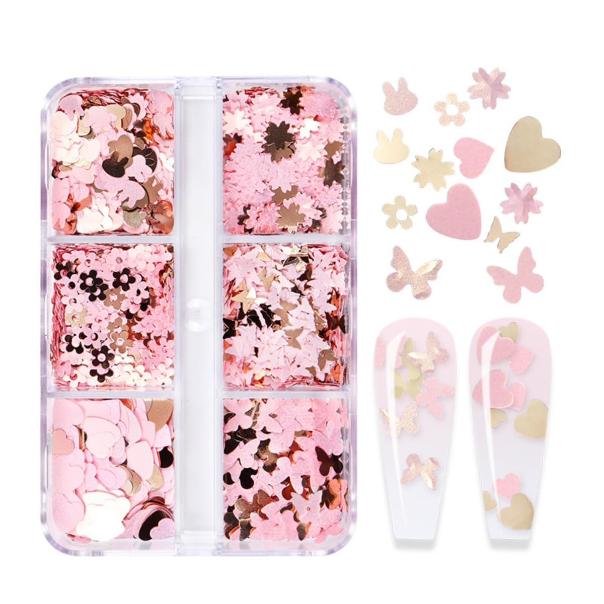Pink Gold Nail Art Sequins Spring Summer Fashion Glitter Pieces for Nails, Makeup - 6 Grid Box (Pink Hearts/Rabbit/Flowers/Butterfly)