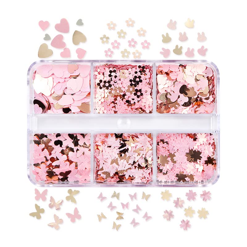 Pink Gold Nail Art Sequins Spring Summer Fashion Glitter Pieces for Nails, Makeup - 6 Grid Box (Pink Hearts/Rabbit/Flowers/Butterfly)