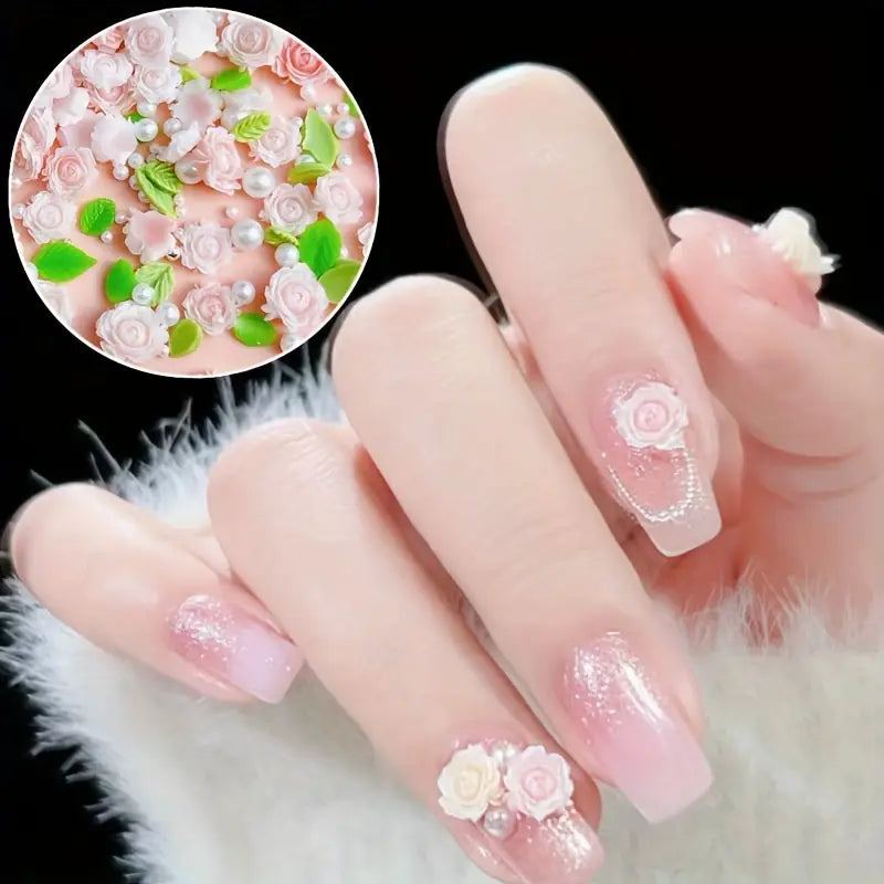 3D Rose Flower Nail Art Decoration with Resin Roses,Leaves- Alcohol-Free Adhesive Accessories for DIY Manicure Design