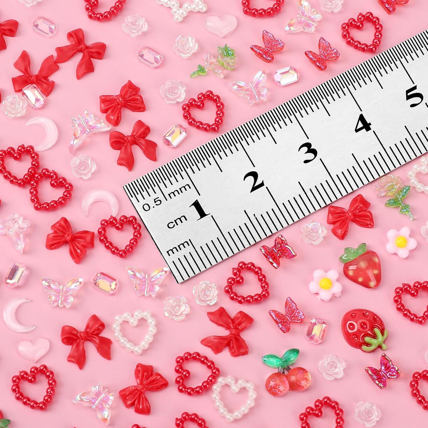 3D Resin Strawberries, Butterfly Flower Nail Charms, Rose Flower Peach Bow Cherry Rhinestones, Heart Pearls for DIY Nail Art Decoration Making Craft (Red) 50 pcs