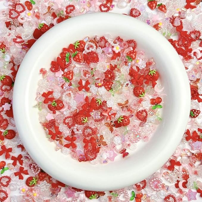 3D Resin Strawberries, Butterfly Flower Nail Charms, Rose Flower Peach Bow Cherry Rhinestones, Heart Pearls for DIY Nail Art Decoration Making Craft (Red) 50 pcs