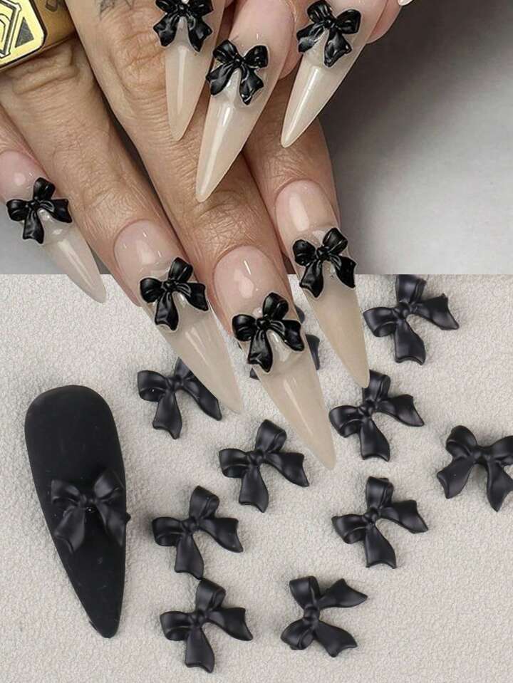 10pcs Black Bows Ribbon Nail Charms DIY Resin Butterfly Shape Nail Art Decoration Valentine Wedding Bride Nail Ornament DIY Supplies
