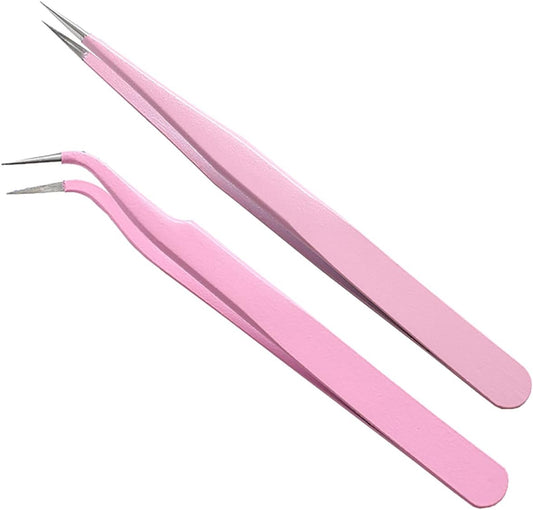 2PCS Stainless Tweezers Straight Curved Tweezers for Stickers Eyelash Extensions Precision Electronics Nail Rhinestone Jewelry, Scrapbooking Tools (Pink)