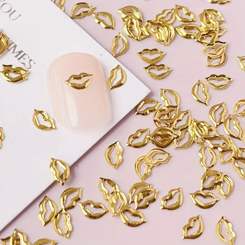 100pcs Golden-Tone 3D joyful Lips Nail Art Charms - Rivet & Metal Accents for DIY Manicure, Cute Cartoon & Punk Styles, Perfect for Women and Girls, European And Korean Elements, Nail Decorations