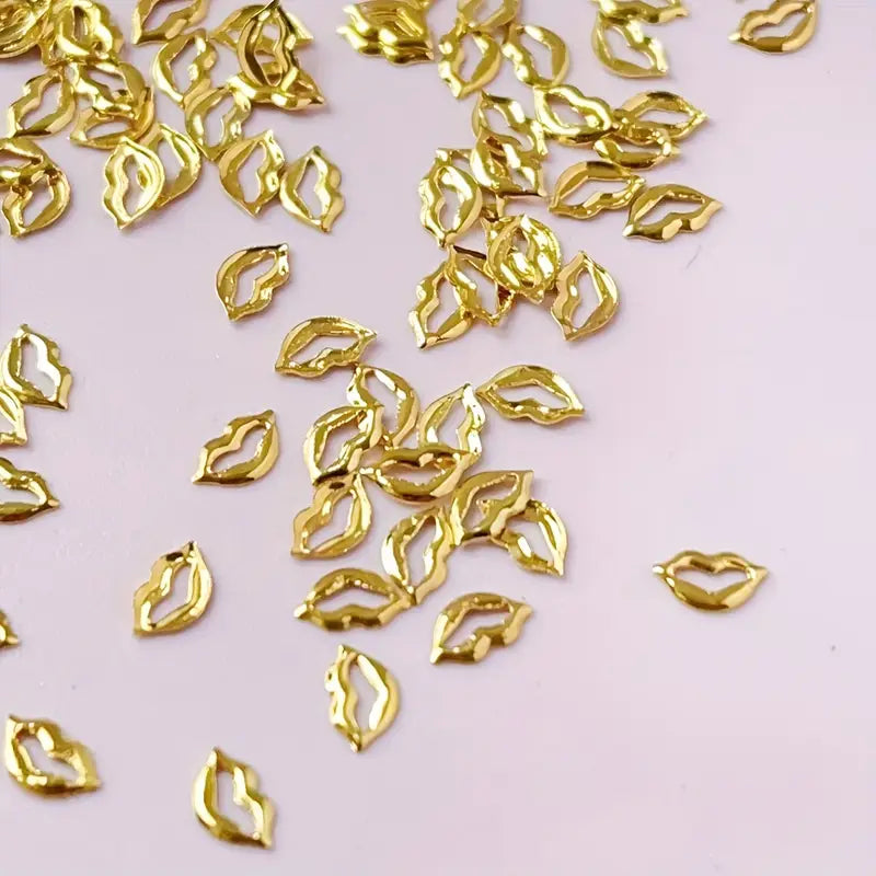 100pcs Golden-Tone 3D joyful Lips Nail Art Charms - Rivet & Metal Accents for DIY Manicure, Cute Cartoon & Punk Styles, Perfect for Women and Girls, European And Korean Elements, Nail Decorations