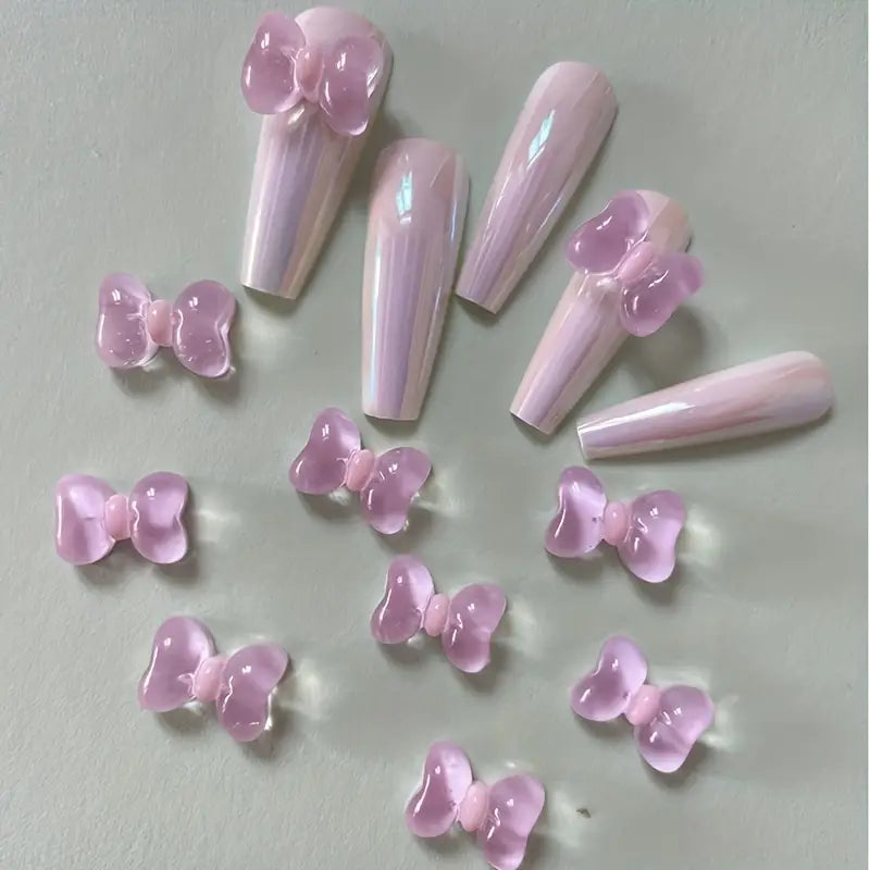 10pcs Sweet Pink Bowknot Nail Charms - Large, Glossy 3D Butterfly Knot Nail Art Decorations, Cute and Stylish Nail Accessories for Women and Girls, Nail Art Charms