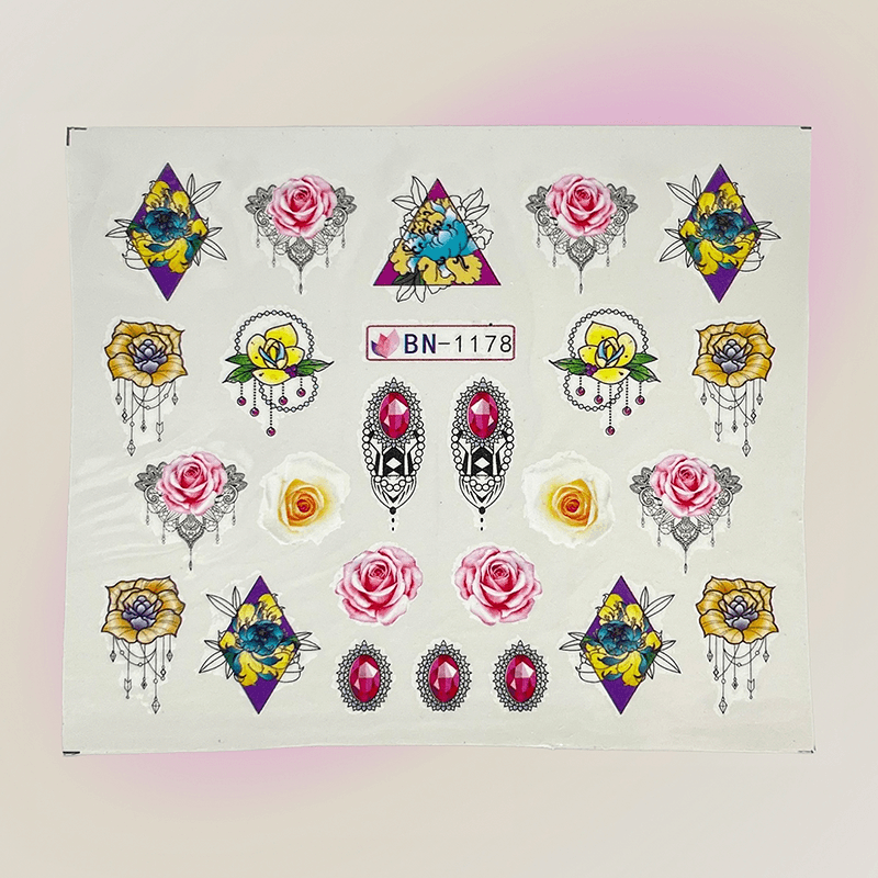 Nail Art Decals Water Transfer Nail Decals - Flowers and Gems (BN-1178)