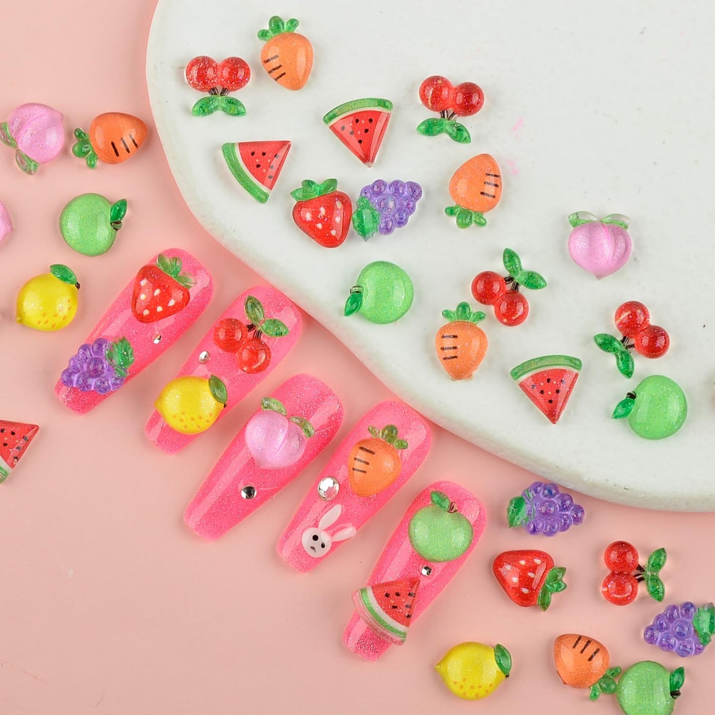 100PCS 3D Nail Charms Fruit Resin Nail Art Charms Kawaii Cherry Strawberry Lemon Watermelon Apple Grape Peach Cute Design Acrylic Nails DIY Craft Accessories