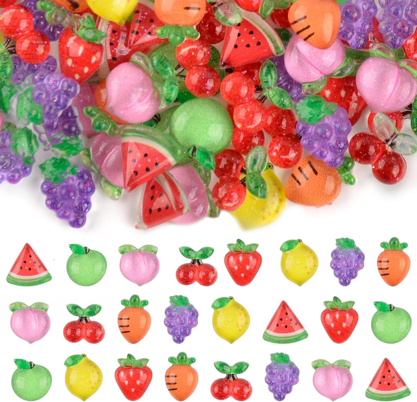 100PCS 3D Nail Charms Fruit Resin Nail Art Charms Kawaii Cherry Strawberry Lemon Watermelon Apple Grape Peach Cute Design Acrylic Nails DIY Craft Accessories