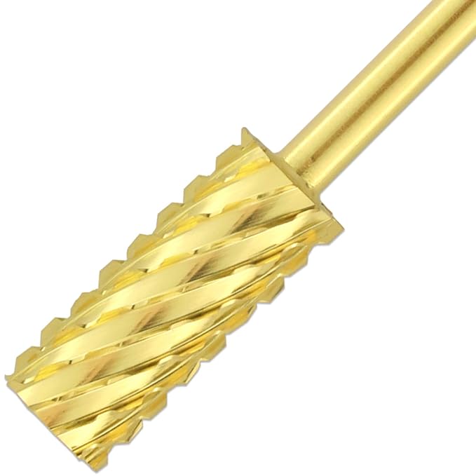 Unimax - Nail Carbide Cylinder Bit - Two Way Rotate use for Both Left and Right Handed - Fast remove Acrylic or Hard Gel - 3/32" Shank - Manicure, Nail Art, Drill Machine (3x Coarse, Gold)