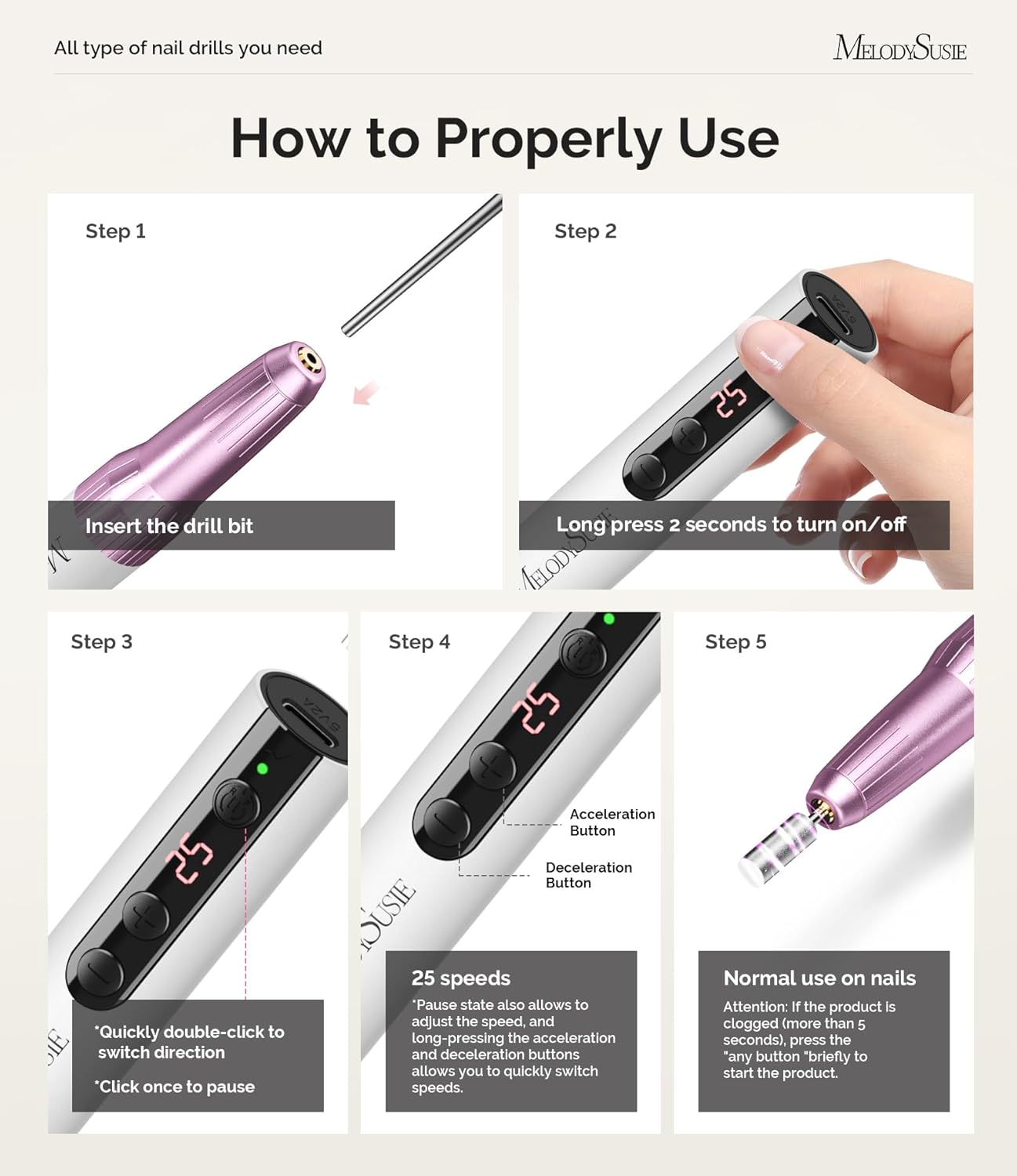 MelodySusie - Rechargeable Cordless Electric Nail Drill (Purple)