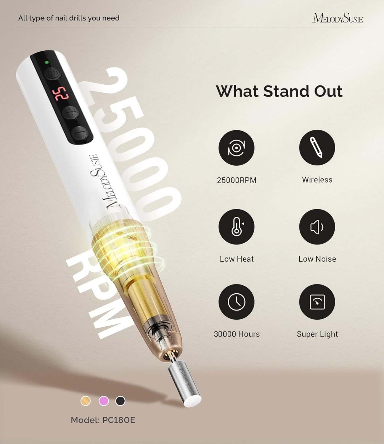 MelodySusie - Rechargeable Cordless Electric Nail Drill (Gold)