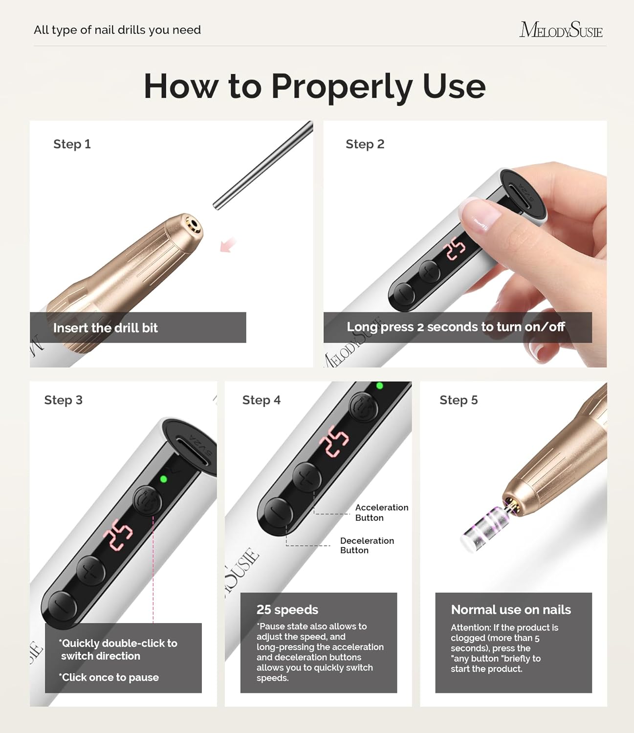 MelodySusie - Rechargeable Cordless Electric Nail Drill (Gold)
