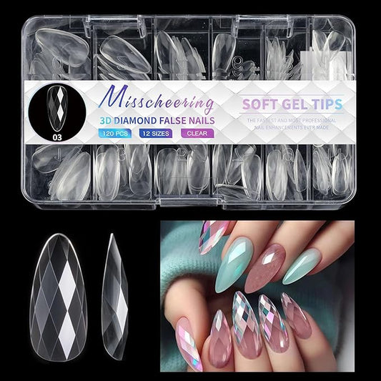 3D Diamond Shaped Polygel Nail, Extension Clear Full Cover False Nail Tips, Hybrid Gel Acrylic Nail, Diamond Fake Nails, 14 Sizes Building Artificial Press on Nail (style 3, 140pcs)