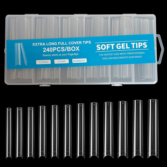 Clear Square Nail Tips 3XL 240 PCS - Extra Long Straight Acrylic Nail Extensions with 12 Sizes for Salon & DIY Half Cover Manicure