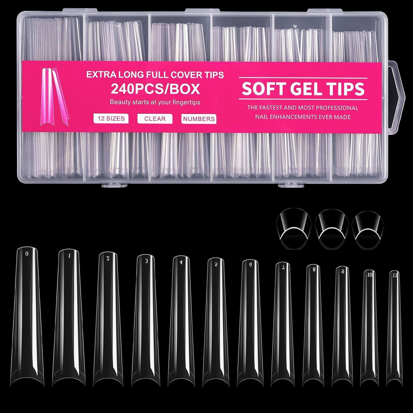 240Pcs Coffin Soft Gel Nail Tips, Long Coffin Nails, 12 Sizes Full Cover Acrylic False Nail Tip, for Beginner and Professional Home Salon Diy