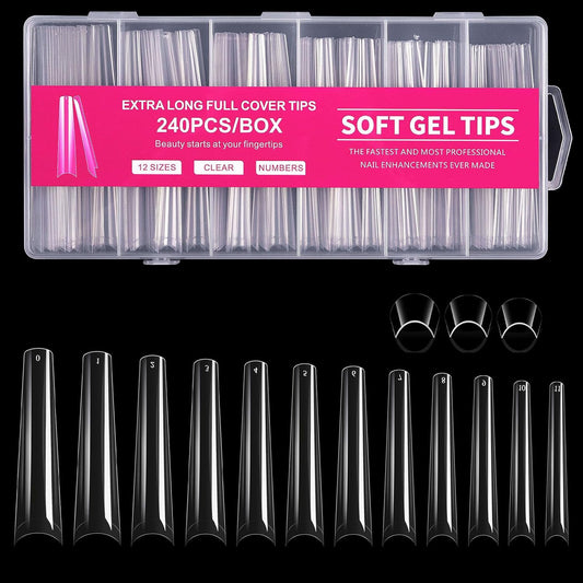 240Pcs Coffin Soft Gel Nail Tips, Long Coffin Nails, 12 Sizes Full Cover Acrylic False Nail Tip, for Beginner and Professional Home Salon Diy