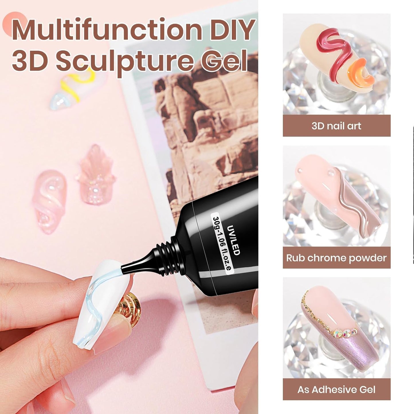 Sculpting Gel 3D Gel Nail Art 3 in 1 Non Wipe Sculpting Gel Nail Glue 30g Clear Sculpting Gel for Nail Art Hand Modeling Gel Building Gel Carving Nail Extension Sculpture Diamond Jewelry Decoration