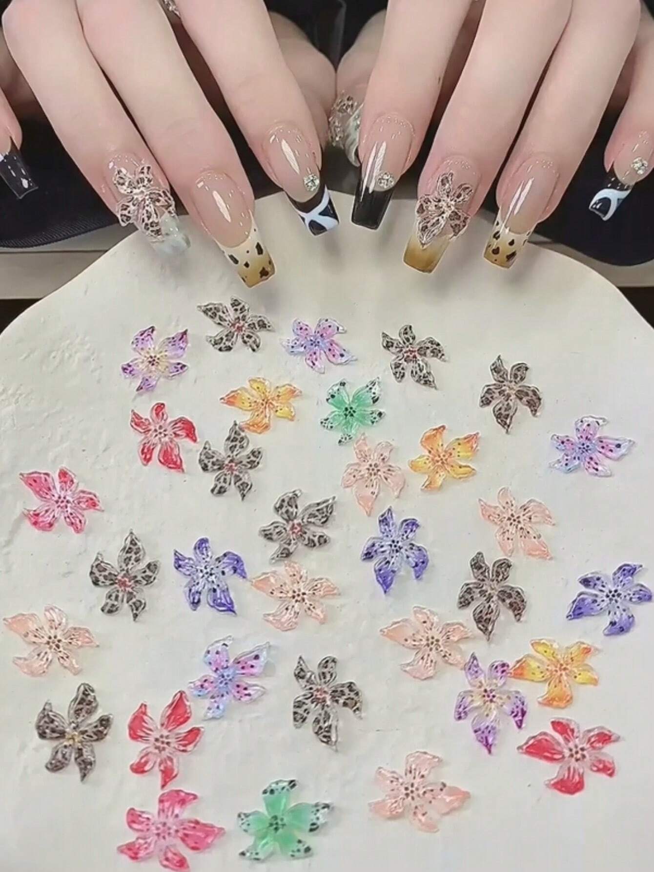 20PCS 3D Soft Carved Ice Crystal Resin Lily Flower Nail Charms,Odorless, Unscented Nail Art Decorations For DIY Crafts And Nail Salon Supplies