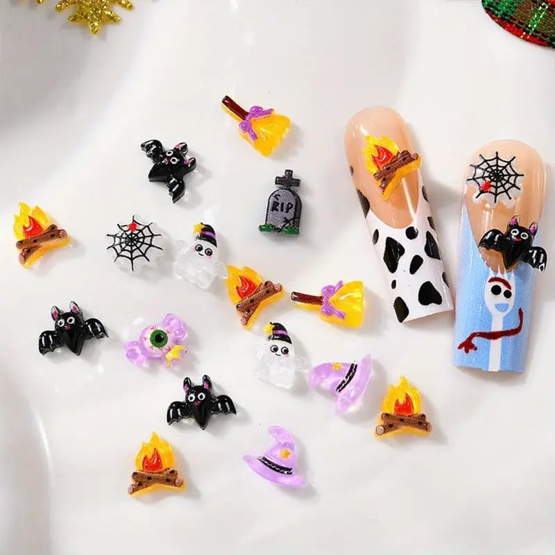 50Pcs Halloween Nail Charms 3D Cute Ghost Resin Nail Art Charms Black Bat Nail Gems with Rhinestones Magic Hat Halloween Nail Charms for Acrylic Nails Supplies for DIY Manicure Nail Art Decorations