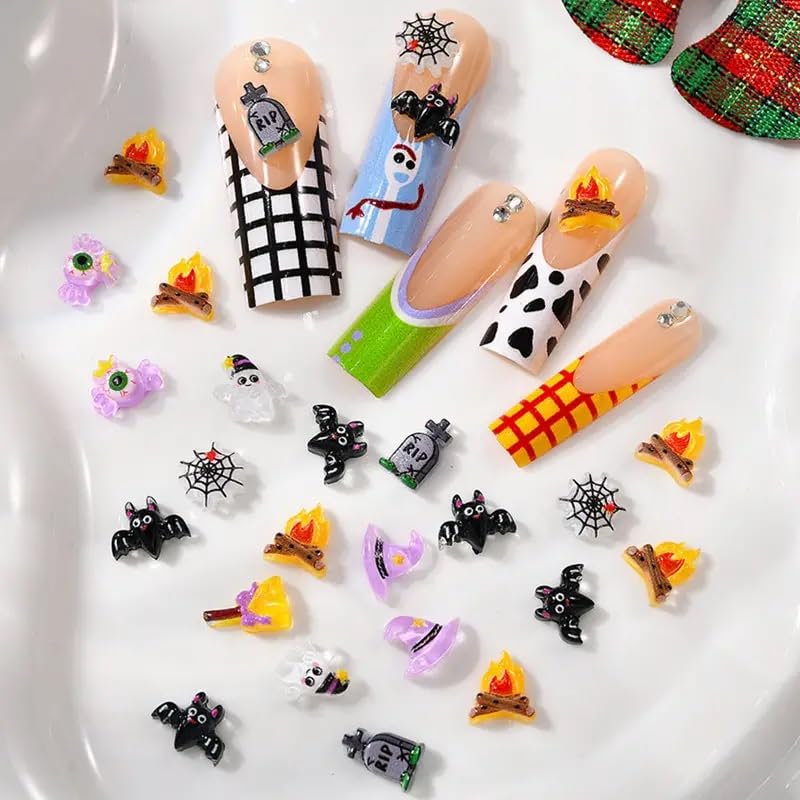 50Pcs Halloween Nail Charms 3D Cute Ghost Resin Nail Art Charms Black Bat Nail Gems with Rhinestones Magic Hat Halloween Nail Charms for Acrylic Nails Supplies for DIY Manicure Nail Art Decorations