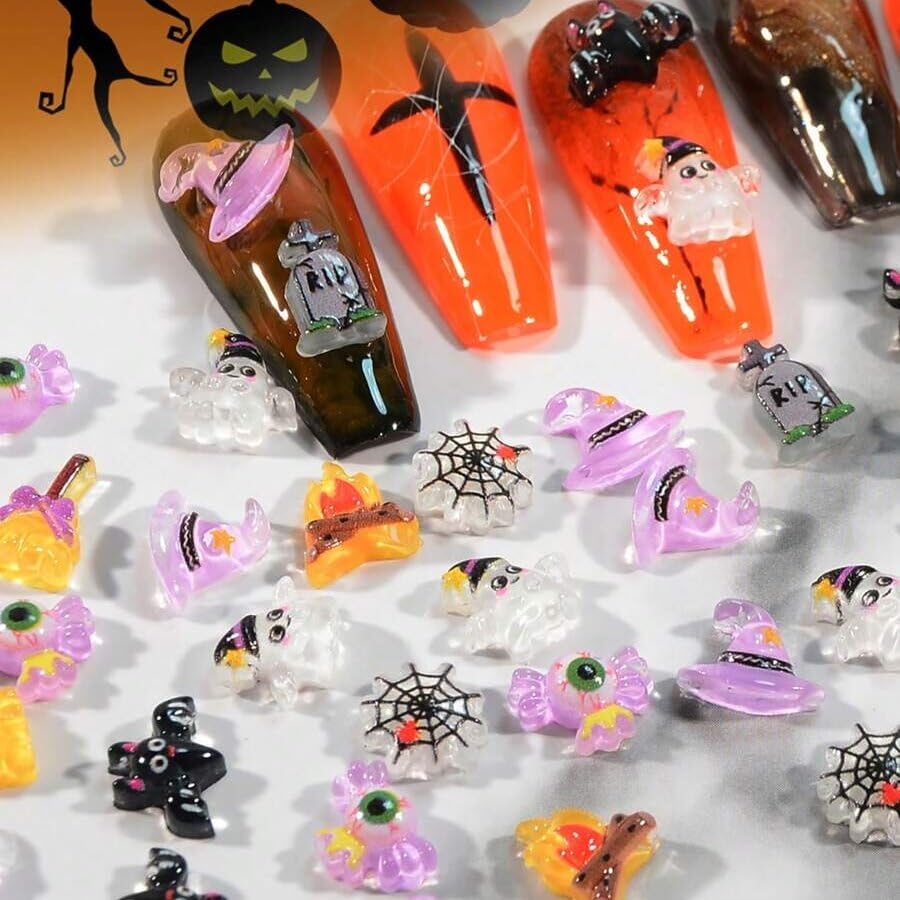 50Pcs Halloween Nail Charms 3D Cute Ghost Resin Nail Art Charms Black Bat Nail Gems with Rhinestones Magic Hat Halloween Nail Charms for Acrylic Nails Supplies for DIY Manicure Nail Art Decorations