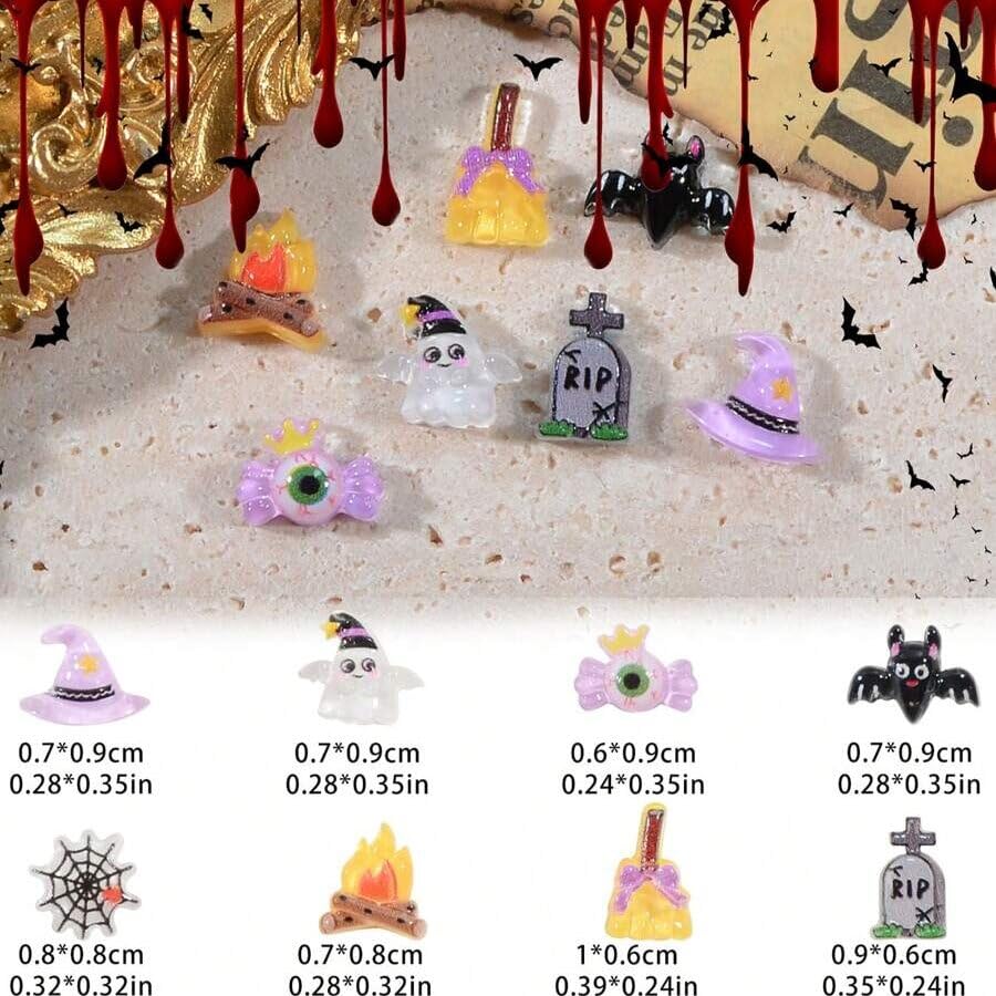 50Pcs Halloween Nail Charms 3D Cute Ghost Resin Nail Art Charms Black Bat Nail Gems with Rhinestones Magic Hat Halloween Nail Charms for Acrylic Nails Supplies for DIY Manicure Nail Art Decorations