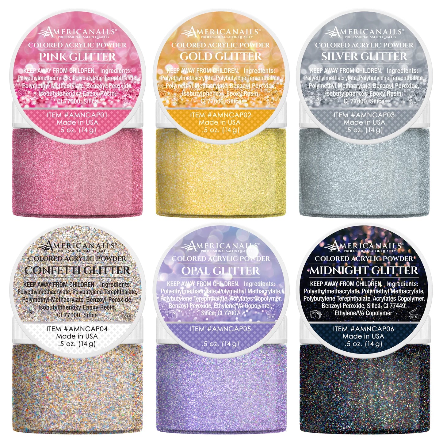 Americanails Colored Acrylic Powders | Grand Glitter Collection Kit