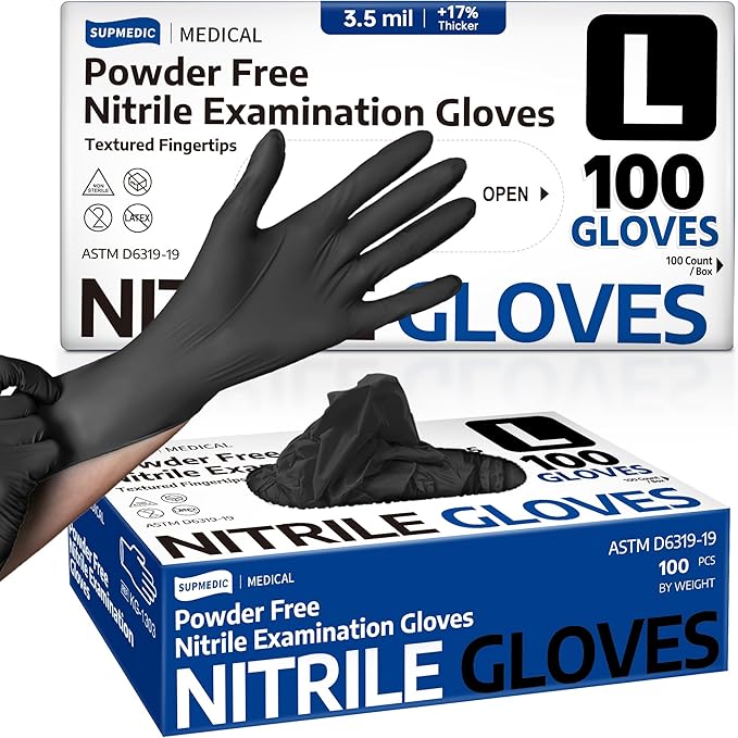 Nitrile Medical Exam Gloves - Powder Free, Latex Free, Thickness, Black (Large)