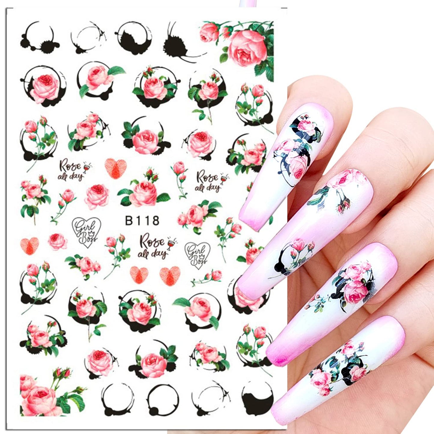 Roses & Heart Love Nail Decal Sticker Valentine Day (B-118)