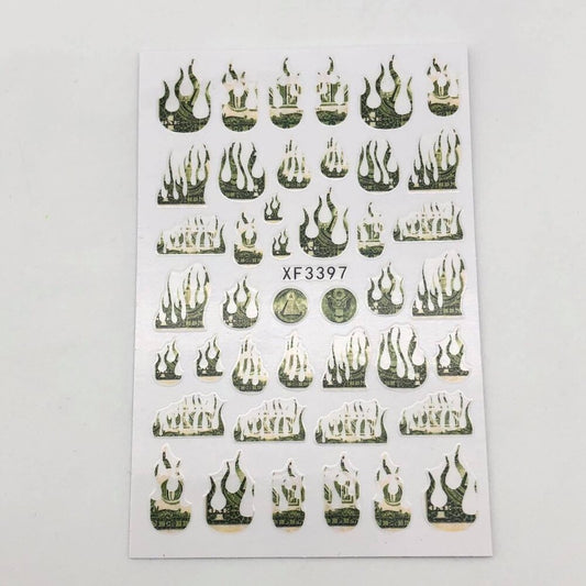 Flaming Dollar (XF3397) - Nail Art Sticker