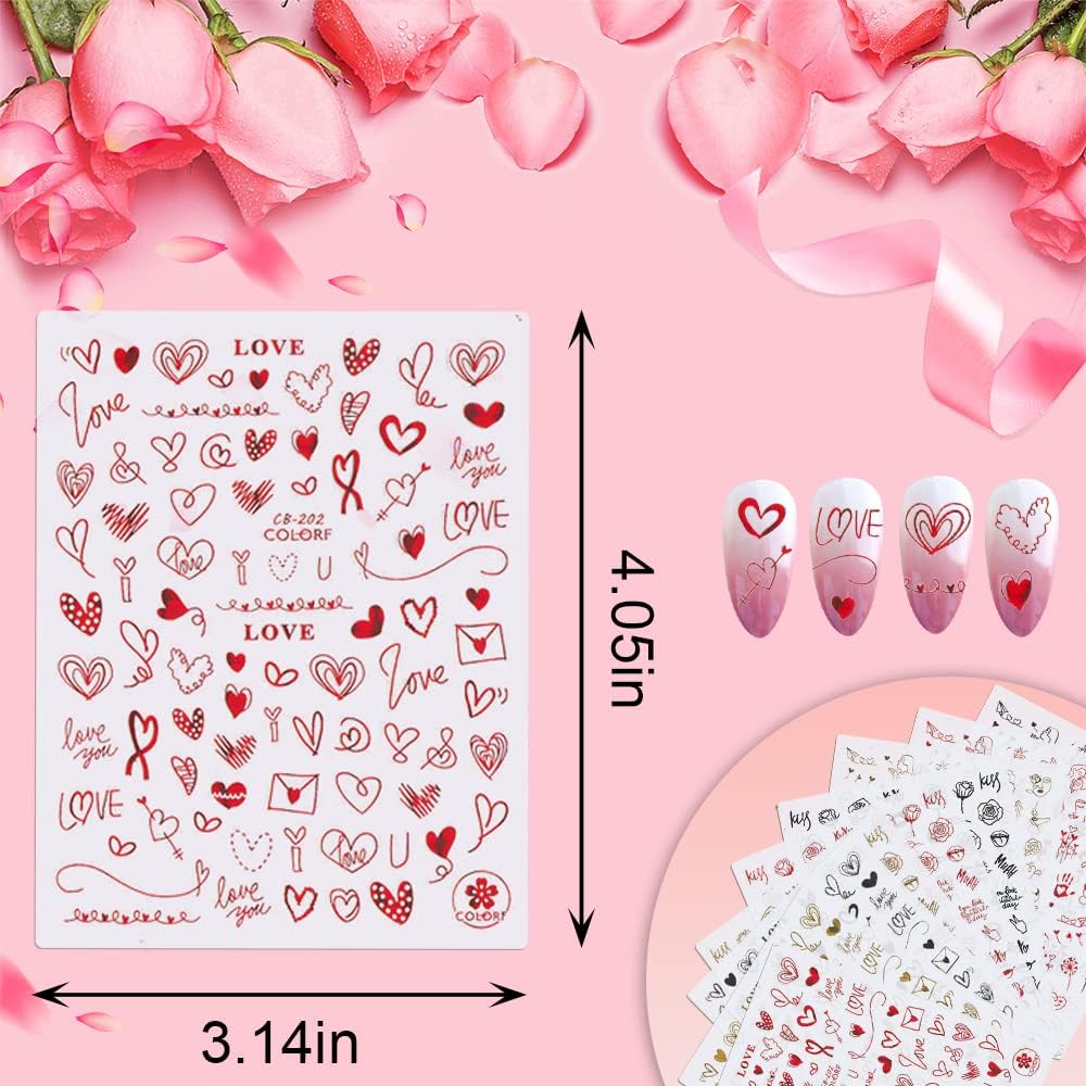 Valentine's Day Nail Art Stickers Valentines 3D Self-Adhesive Nail Decals for Valentines Gel Nails Designs Love Hearts Nail Sticker for Woman Girls Kids DIY Valentine’s Nail Decorations- Red only (Z-D5147)