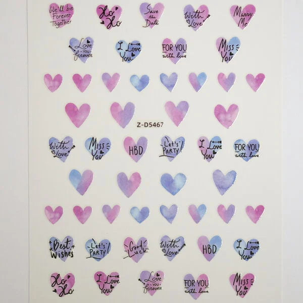 Nail Sticker of Hearts & Lovely Words Purple and Blue (Z-D5467)