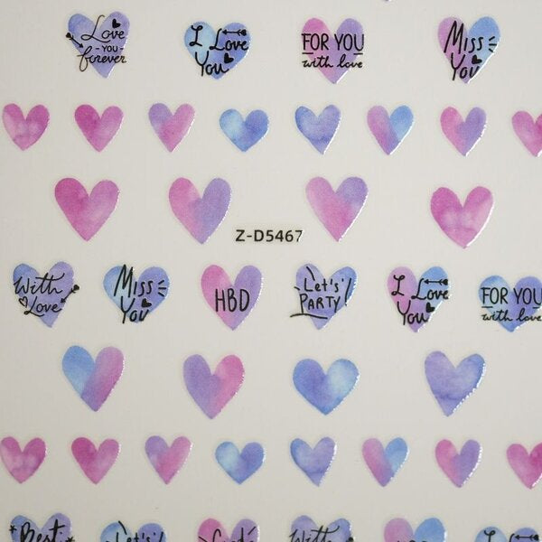 Nail Sticker of Hearts & Lovely Words Purple and Blue (Z-D5467)