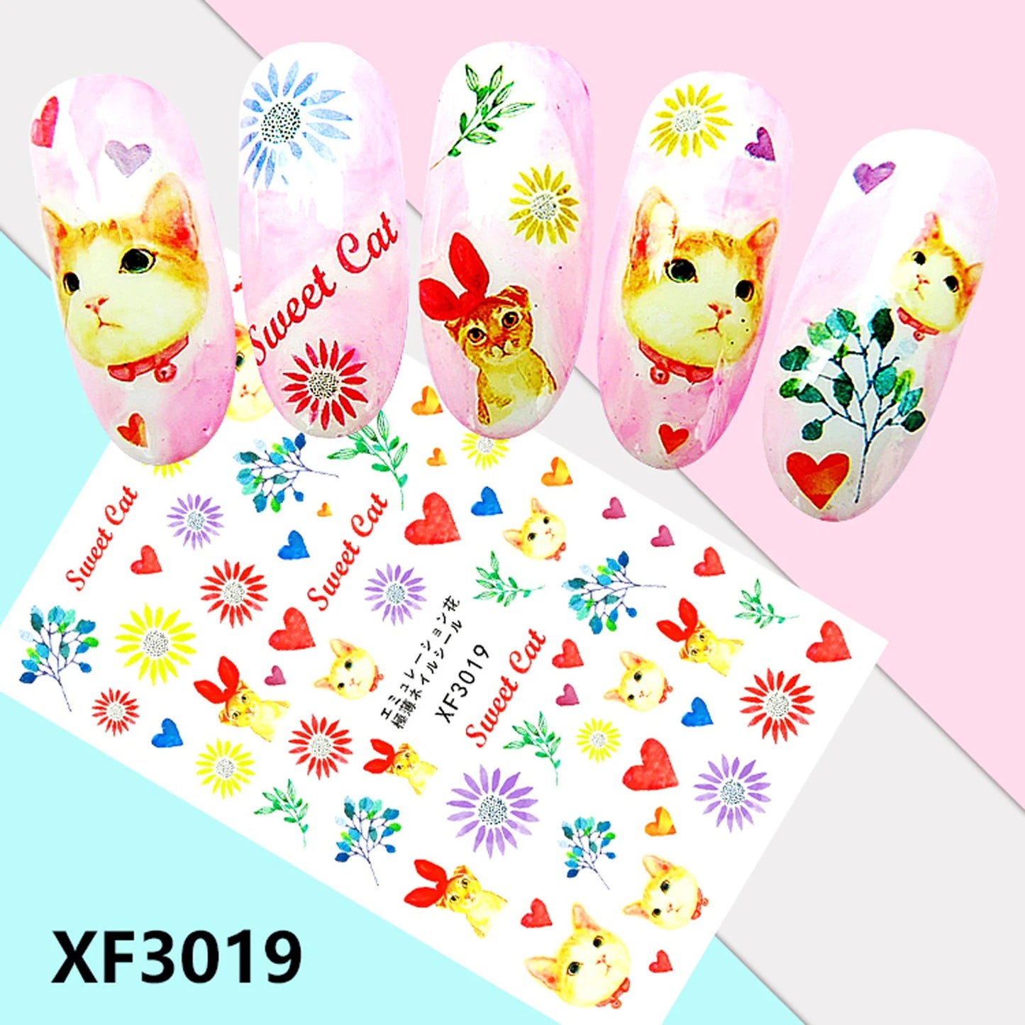 Nail Art 3D Decal Stickers pretty cat heart red purple yellow flower (Z-D5743)