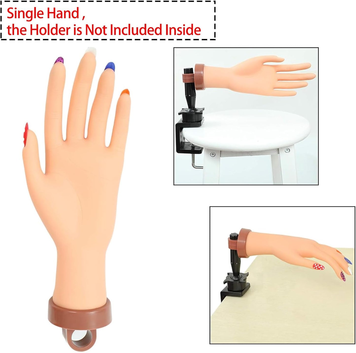 Practice Hand for Acrylic Nails, Flexible Silic Nail Maniquin Hand, A Circular Hole Is Designed at The Bottom of The Hand for Fixation Bracket Hand with Bracket
