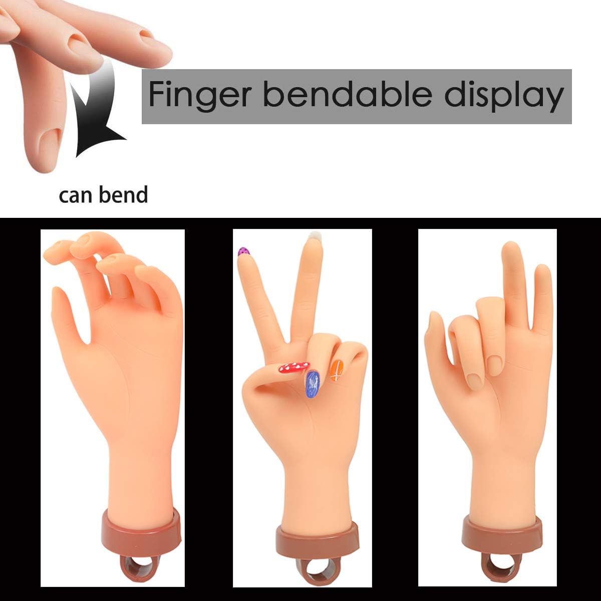 Practice Hand for Acrylic Nails, Flexible Silic Nail Maniquin Hand, A Circular Hole Is Designed at The Bottom of The Hand for Fixation Bracket Hand with Bracket