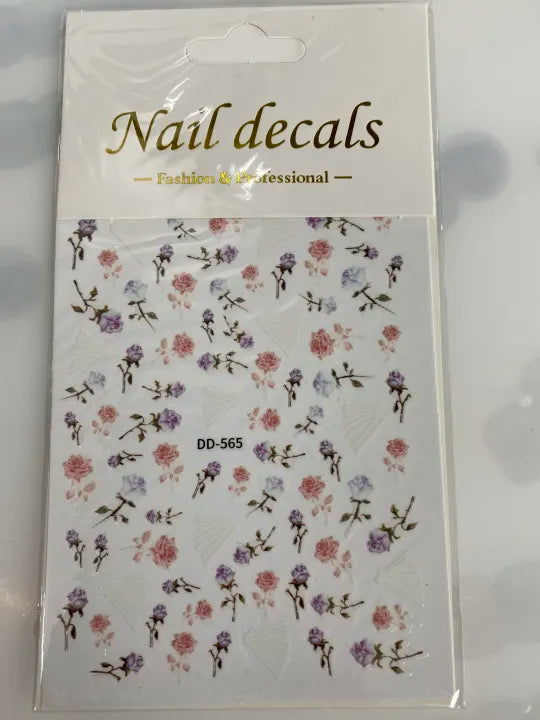 Nail Decals-Pink & Purple &Blue Roses with Lines (DD-565)