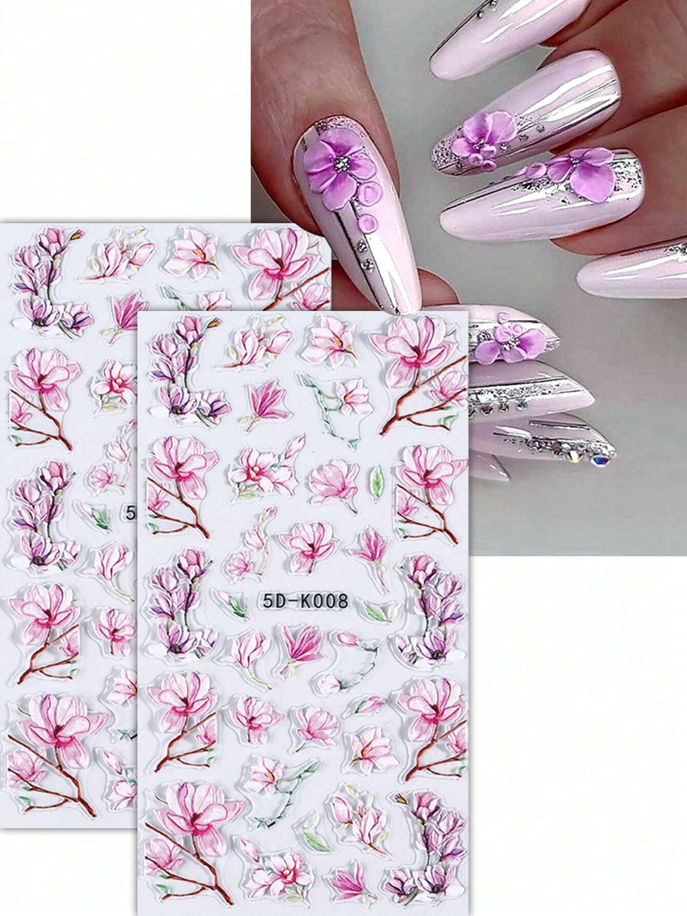 5D Pink Floral Stickers, Magnolia Flower Nail Decals, Self Adhesive Nail Art Design, DIY Nails, Hologram Nails (5D-K008)