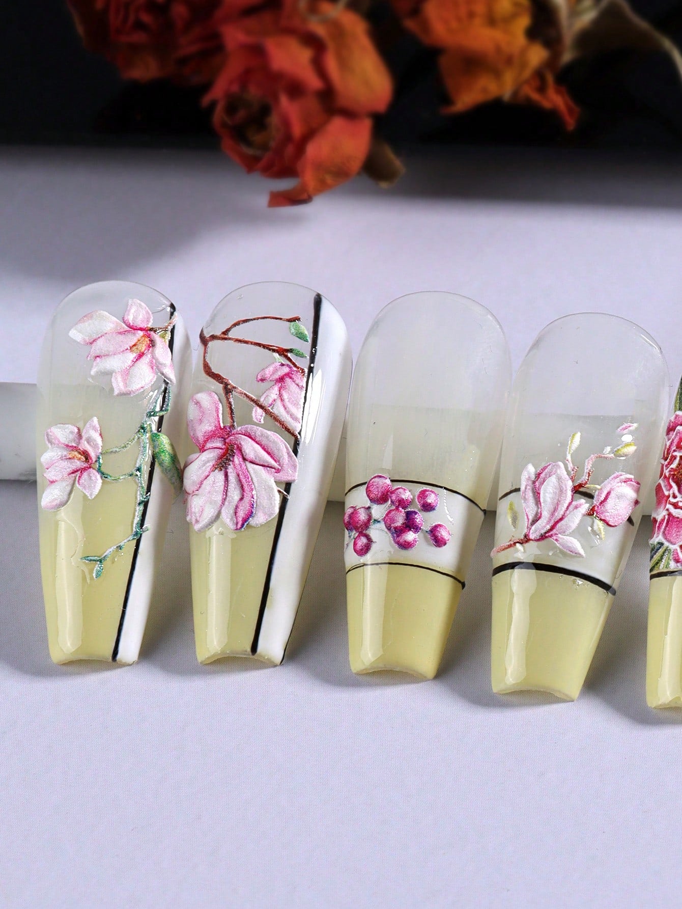 5D Pink Floral Stickers, Magnolia Flower Nail Decals, Self Adhesive Nail Art Design, DIY Nails, Hologram Nails (5D-K008)